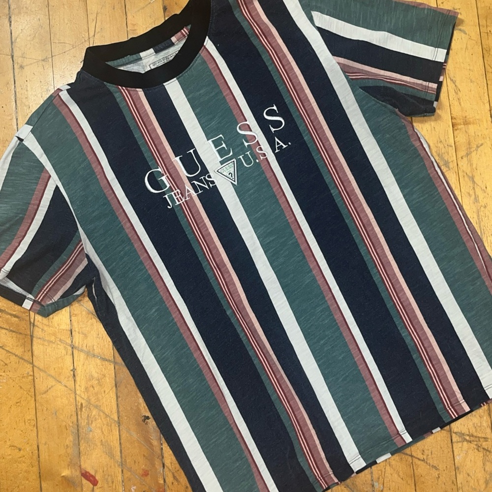 VTG GUESS Men’s Striped Logo Tee - Navy, Green & Pink Sz med - Picture 2 of 6
